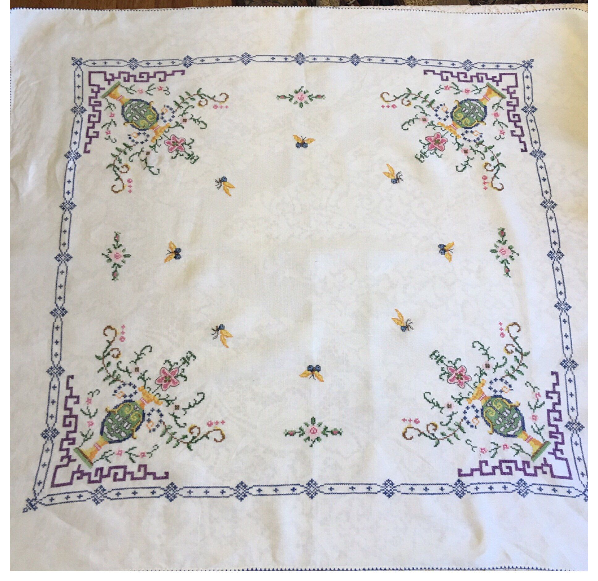 Vintage Cross-stitch Tablecloth Hand Embroidered 35" x 32" by