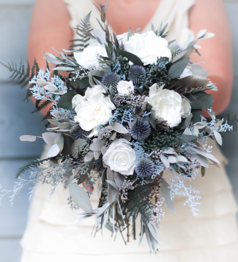 Dusty Blue Steele Blue Slate Blue Bouquet Dried Flowers | Etsy White Wedding Bouquets, Flower Bouquet Wedding, Bridesmaid Bouquet, Floral Wedding, Winter Wedding Bouquet Blue, Wedding Bridesmaids, Winter Wedding Flower Arrangements, Winter Wedding Ideas, Navy Wedding Centerpieces