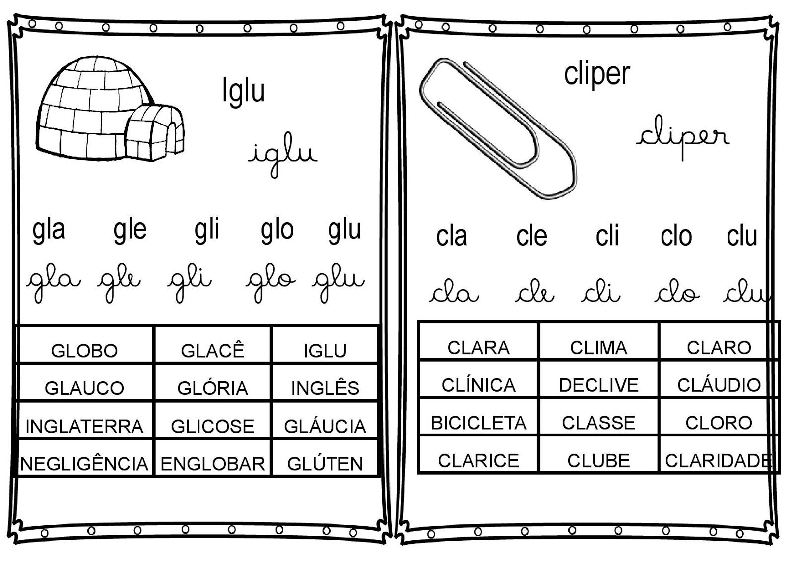 Palabras con gla gle gli glo glu