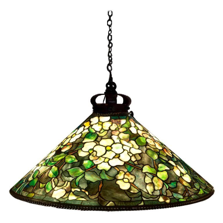 Tiffany Studios Dogwood Stained Glass Bronze Hanging Shade Tiffany Studios Dogwood Stained Glass Bronze Hanging Shade