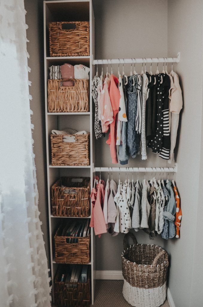 An open concept closet for our baby girl. #nurserytour #bohonursery #nurserydecor #genderneutralnursery #babycloset #closetorganization Baby Room Closet, Baby Girl Nursery Room, Kid Closet, Baby Bedroom, Baby Boy Rooms, Baby Room Decor, Baby Closets, Eclectic Baby Girl Nursery, Closet Ideas