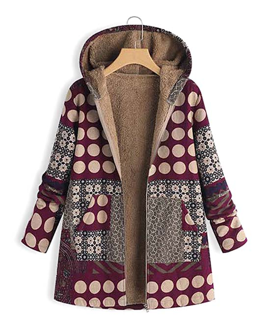 Womens Plus Size Overcoat Outwear Hoodies Retro Floral Pattern Patchwork Warm Fleece Lined Cardigan Jackets