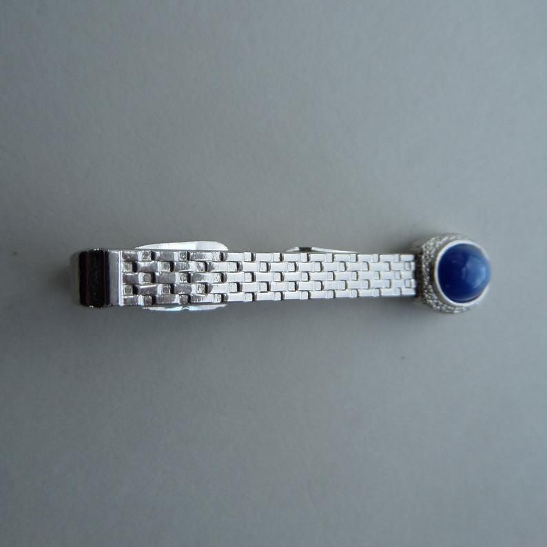 Vintage Swank Silver Toned Tie Clip Blue Glass Stone Used