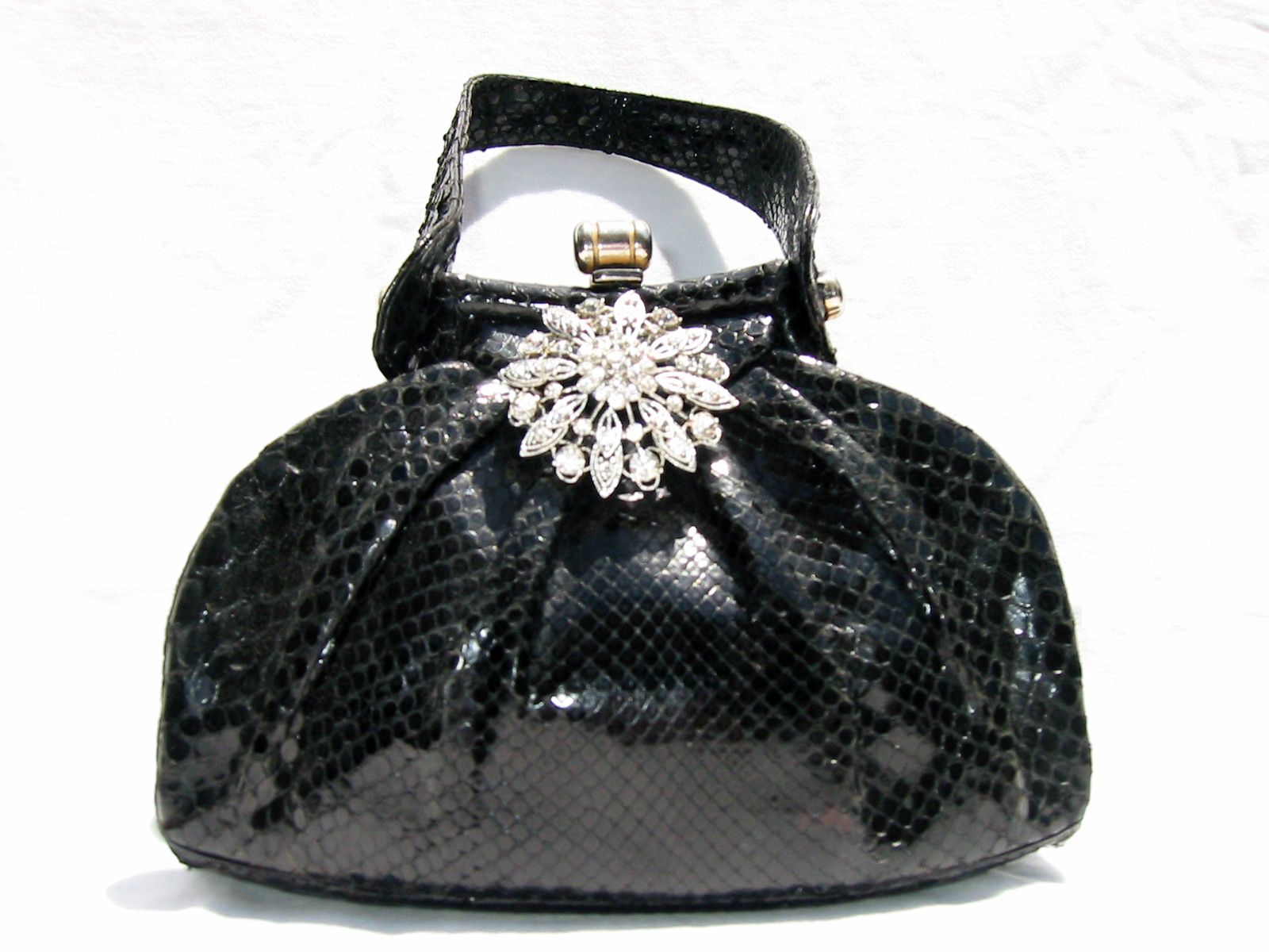 1940's Rhinestone Embellished Black Python Handbag