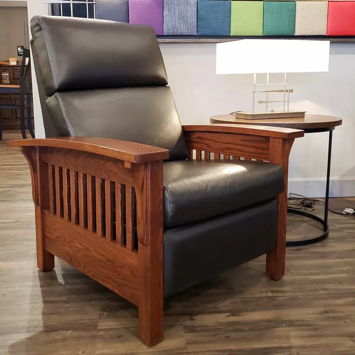 Heartland Slat Mission Recliner from DutchCrafters Amish Furniture. Our beautifully handcrafted Amish Heartland Slat Recliner makes for a beautiful new addition to your living room or family room. This recliner is built to order and features tons of customization options; select your own hardwood variety, finish, upholstery and pillows. Call 941-867-2233 to start your order or visit our showroom in Sarasota, Florida!
