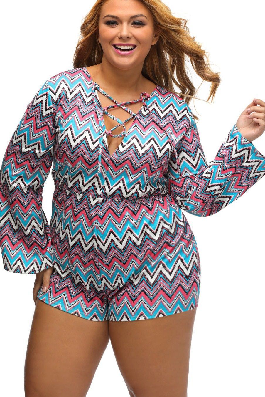 Buy Affordable Plus Size Bright Zigzag Print Plunge Neck Lace-up Long Sleeve Playsuit Online