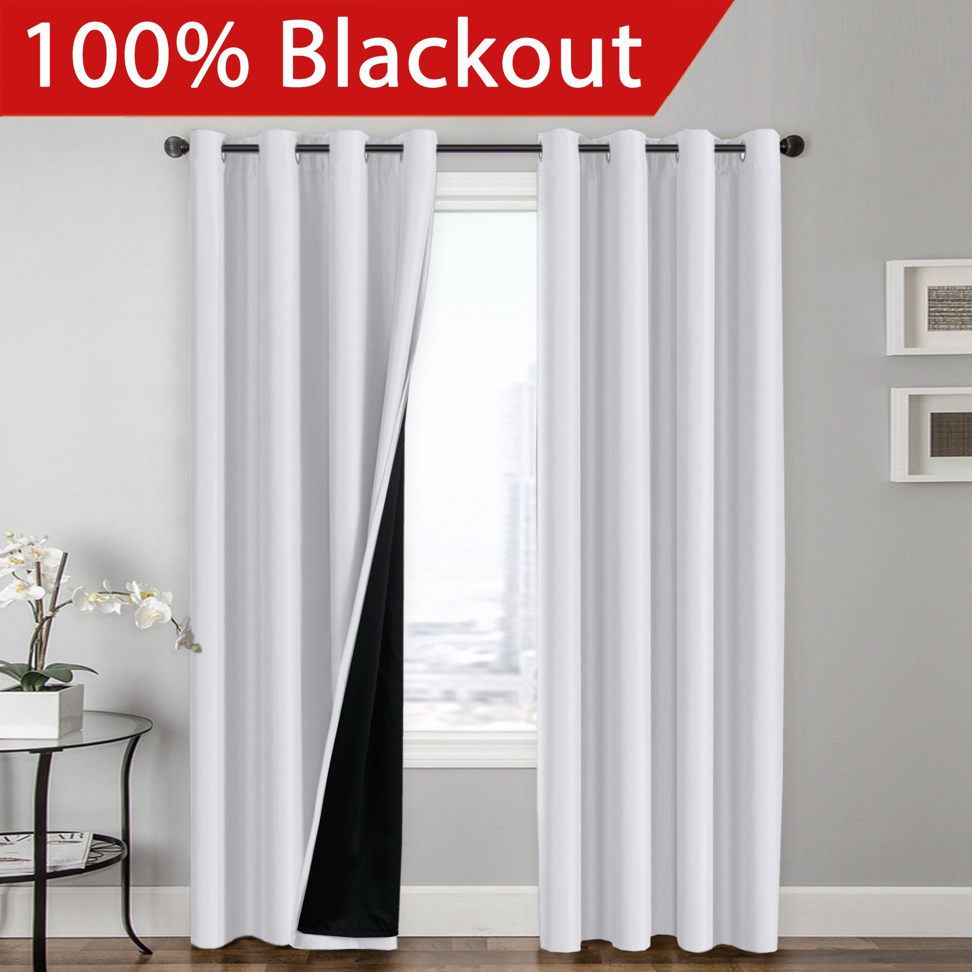 Flamingop Full Blackout White Curtains Faux Silk Satin With Black Flamingop Full Blackout White Curtains Faux Silk Satin With Black Liner Thermal Insulated Window Treatment Panels Grommet Top 52 X 108 Inch Set Of 2