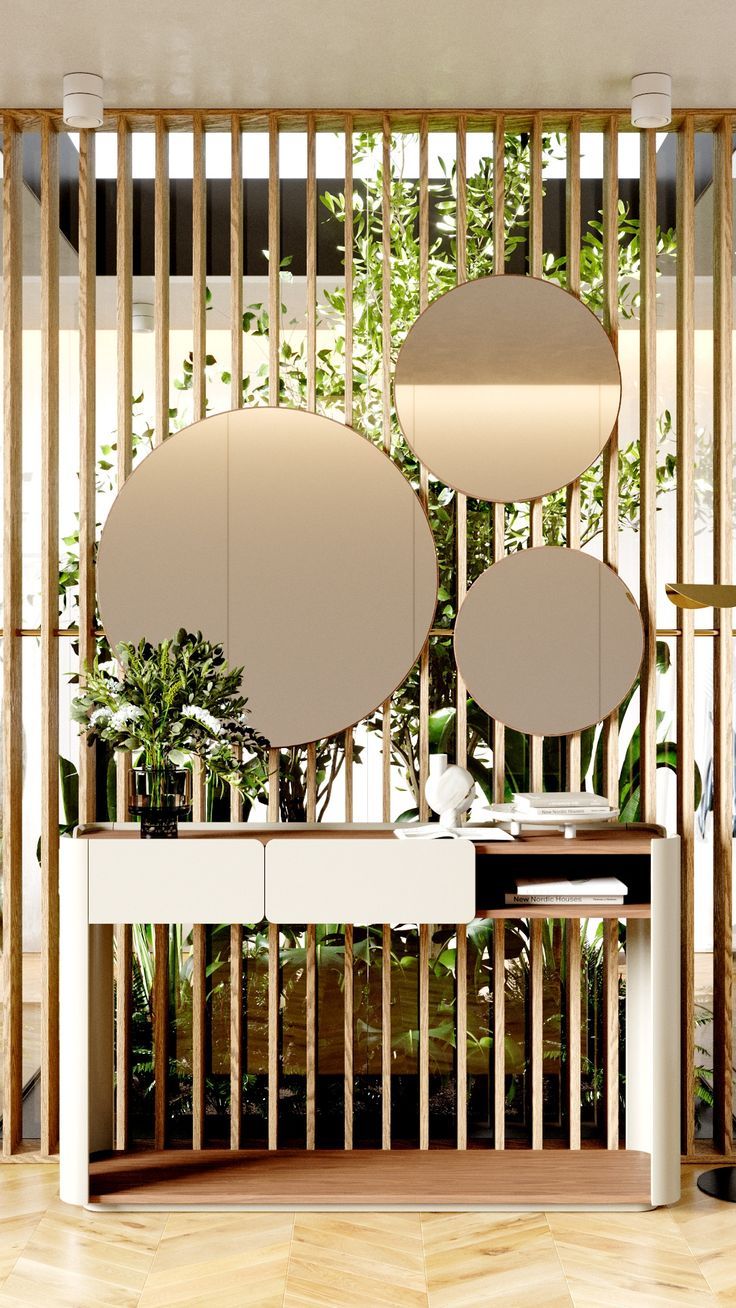 Hall de Entrada com Consola em Branco com Madeira Castanha Clara e Três Espelhos Redondos de Tamanhos Diferentes Soho, Room Divider, Design, Furniture, Home Decor, Two Pieces, Mirrors, Beige, Spring