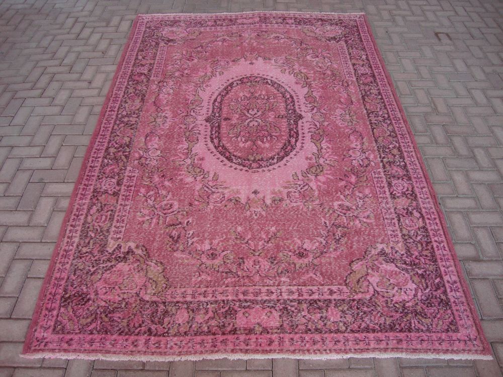 Overdyed Rug Vintage Soft Pink Like Love Oriental Ushak Up Carpet