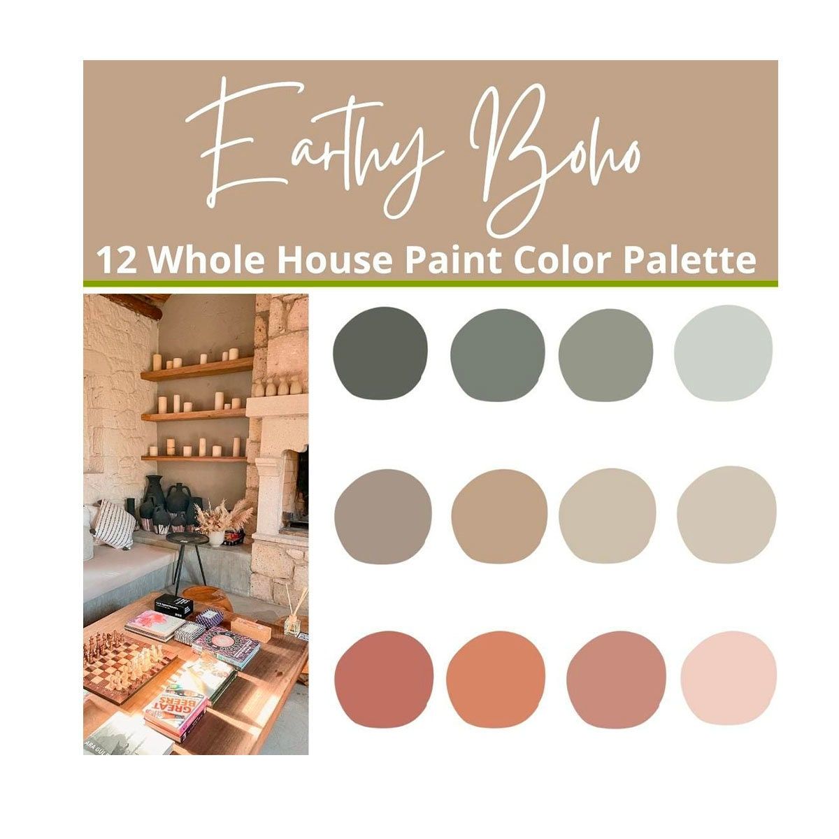 Earthy boho paint colors for the whole house. This Green and terracotta color palette includes white paint colors. This is an Instant download of PDF guide book Sherwin-Williams paint color names and numbers 3 compatible brands and names to match the Sherwin-Williams colors Photographs of each color Paint finish guide so you can be confident when choosing the sheen for your room These colors range from light to dark so you can use as many as you want to in your home. Make your home feel cohesive Paint Colors For Living Room, Paint Colors For Home, Living Room Colors, Modern Boho Paint Colors, Bohemian Wall Colors, Boho Wall Color Ideas, Southwest Paint Colors Interior, Colour Schemes For Living Room, Earth Tone Living Room Decor