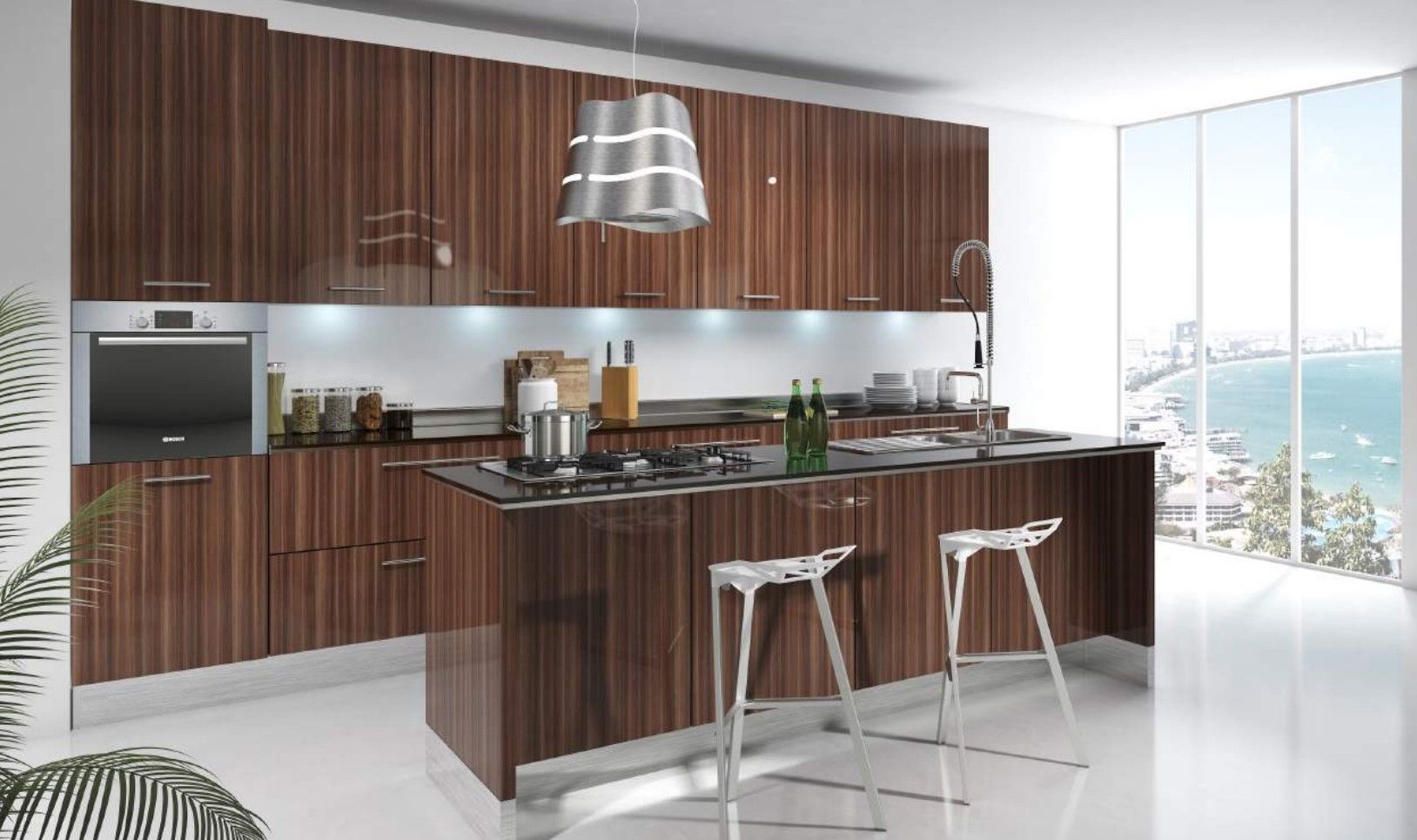 a modern kitchen with wooden cabinets and white flooring next to a