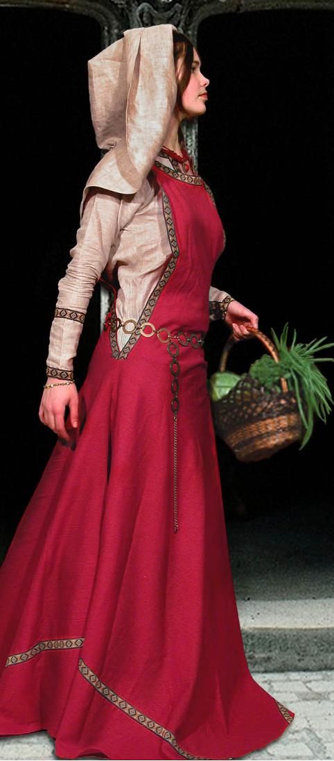 Sideless Surcote—A woman's over-gown cut away at the sides from under the arms to the hips to show the cote-hardie or kirtle underneath; it was usually worn with a plastron at the front of the figure. It remained as a ceremonial dress for women during the latter of this period. Costume Renaissance, Renaissance Clothing, Medieval Costume, Medieval Garb, Medieval Clothes, Medieval Fashion, Historical Costume, Historical Clothing, Medieval Wedding Dress