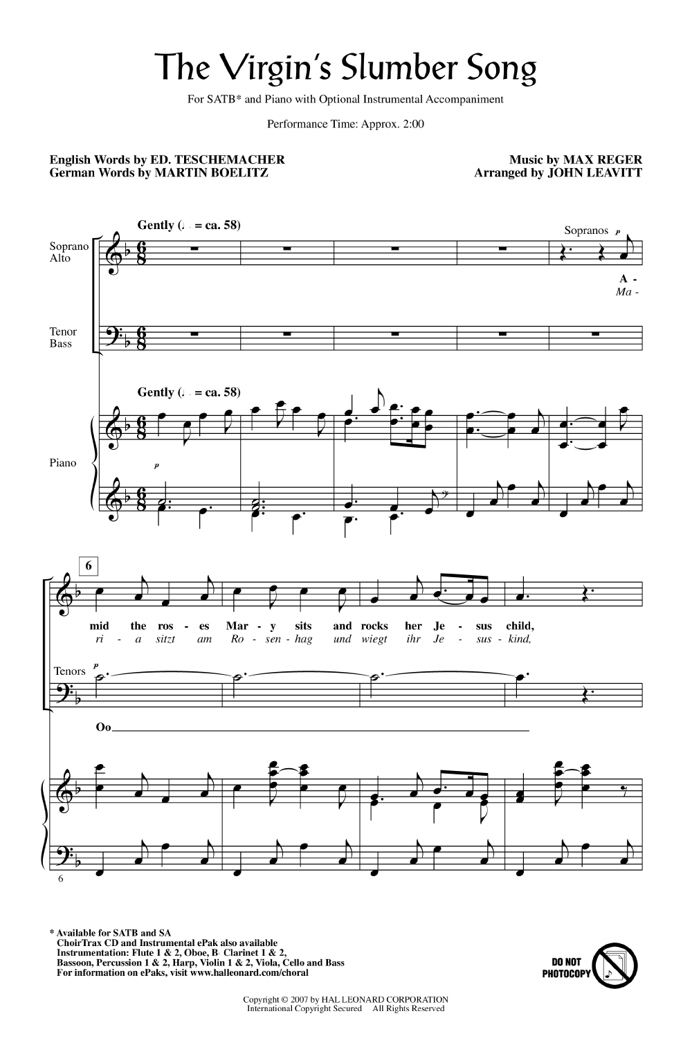 virgins slumber song satb arr john leav j w pepper sheet arrival to earth violin sheet music