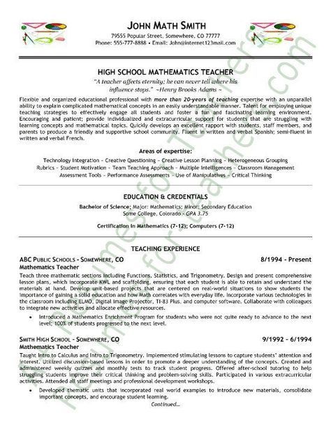 Math Teacher Resume Sample Pinterest Math, Teacher and Student