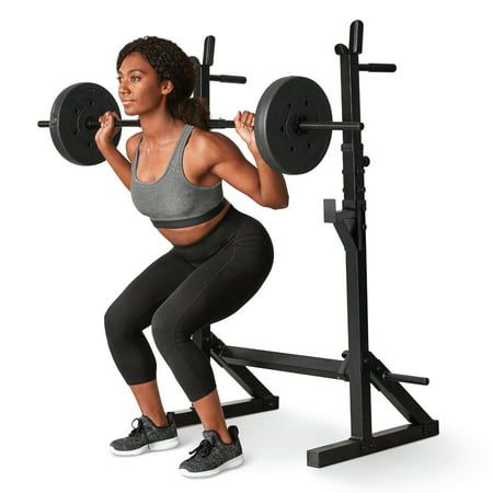 Step up your strength training routine with the Athletic Works Adjustable Squat Rack, which allows you to target the thigh, hamstring and lower back muscle groups, along with the chest and triceps with the use of its dip handles. This robust adjustable rack is built with heavy-duty steel construction, 2-inch tubing, and a powder-finish to prevent rust, making it a great addition to any home gym. Use just the rack to target the lower body, or add a weight bench (sold separately) to use the rack f Lower Body, Full Body, Back Muscle Groups, Workout Supplies, Ab Workout With Weights, Leg Press Machine, Sims 4 Body Mods, Barbell Squat, Lower Back Muscles