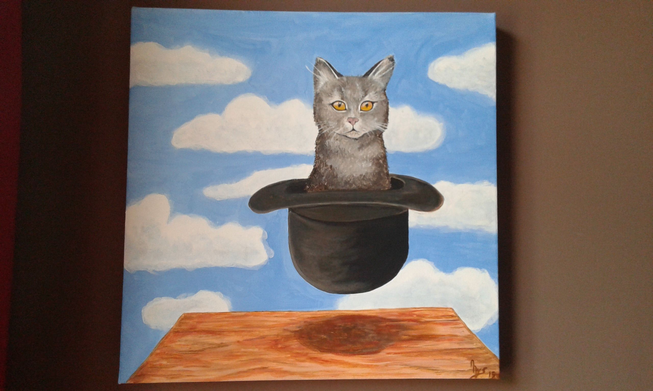 Travail Sur Magritte Chat Dans Un Chapeau Acrylique Sur Toile