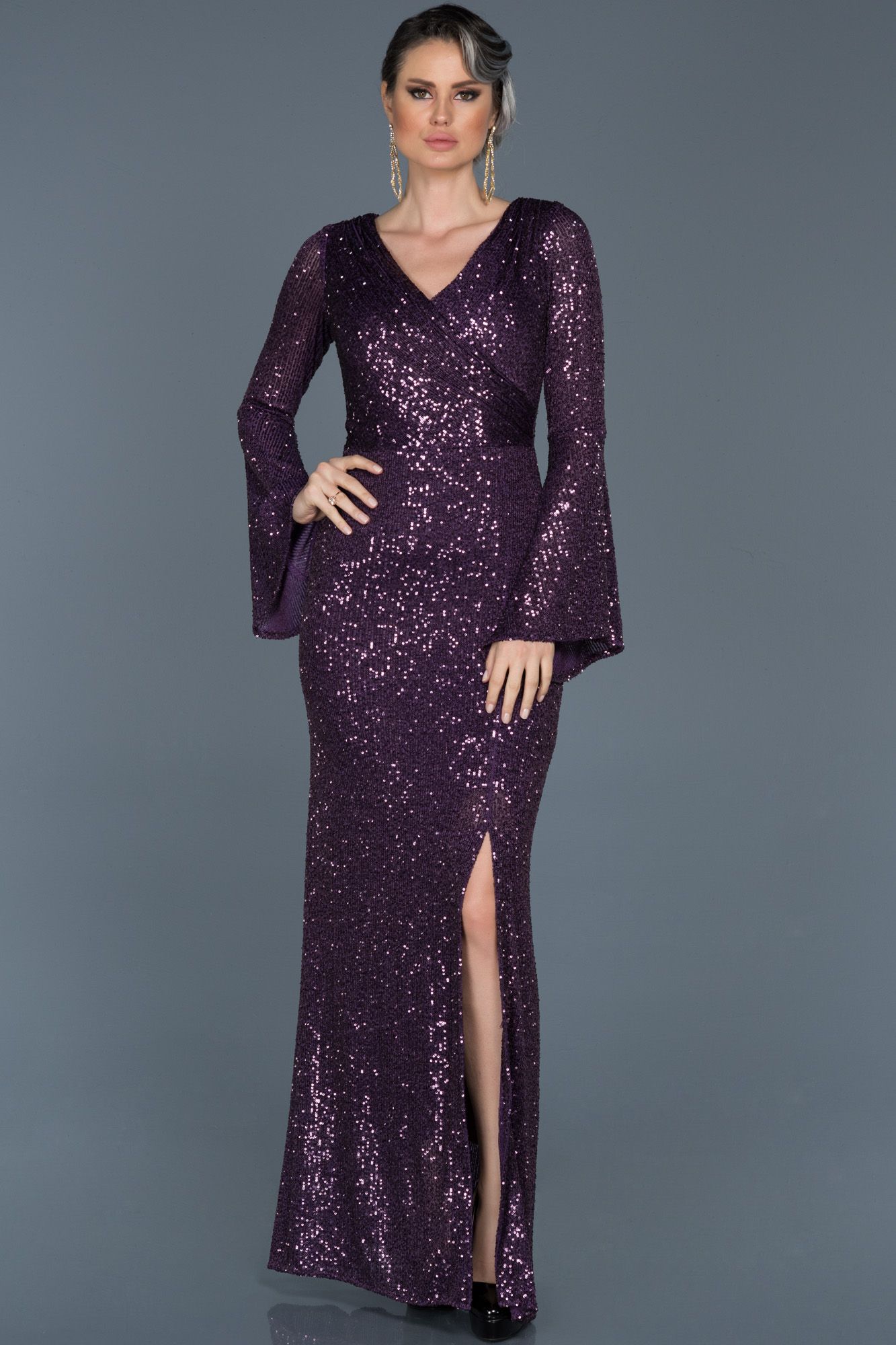 Mor Payetli V Yaka Yirtmacli Abiye Abu521 Elbiseler Moda Stilleri The Dress