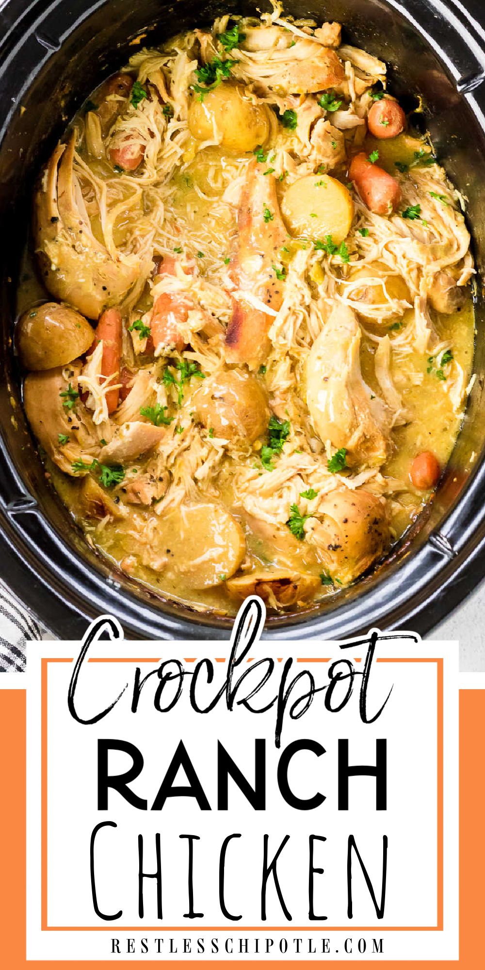 Overhead view of a crockpot with chicken, potatoes, and carrots in a rich gravy. Ranch Chicken Crockpot, Chicken Crockpot Recipes Easy, Easy Crockpot Dinners, Crockpot Dishes, Crock Pot Cooking, Chicken Dinner Recipes, Slow Cooker Dinners, Crockpot Chicken And Vegetables, Recipe Chicken