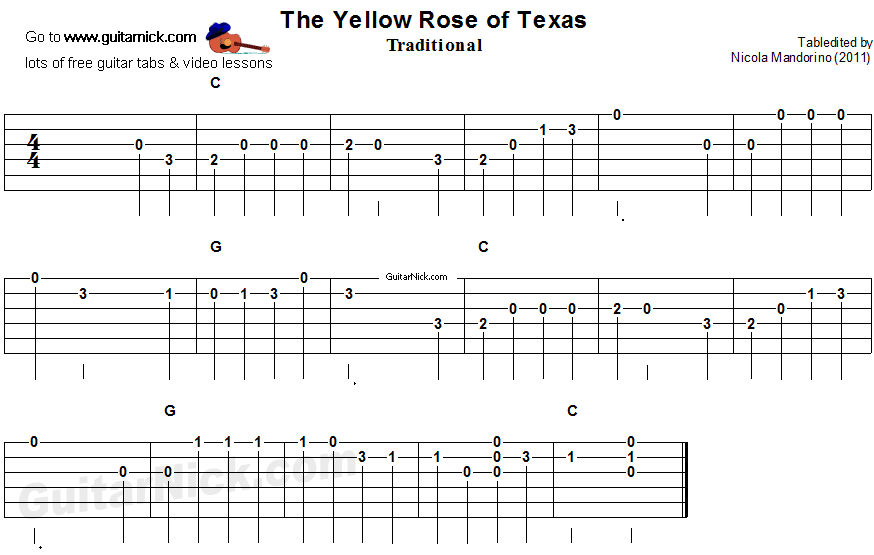 The Yellow Rose Of Texas Easy Song For Beginners Guitar Tab