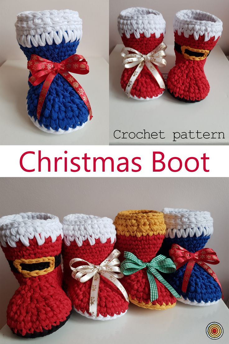 Crochet Christmas boot, free pattern for making this nice decoration for winter holidays. Christmas Boots, Christmas Time, Christmas Stockings, Free Crochet Pattern, Crochet Patterns, Crochet Christmas Gifts, Santa Boots, Boots Patterns, Crochet Boots