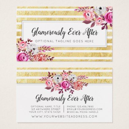 Pink Floral & Gold Glam Watercolor Modern Stripe Business Card - glam ...