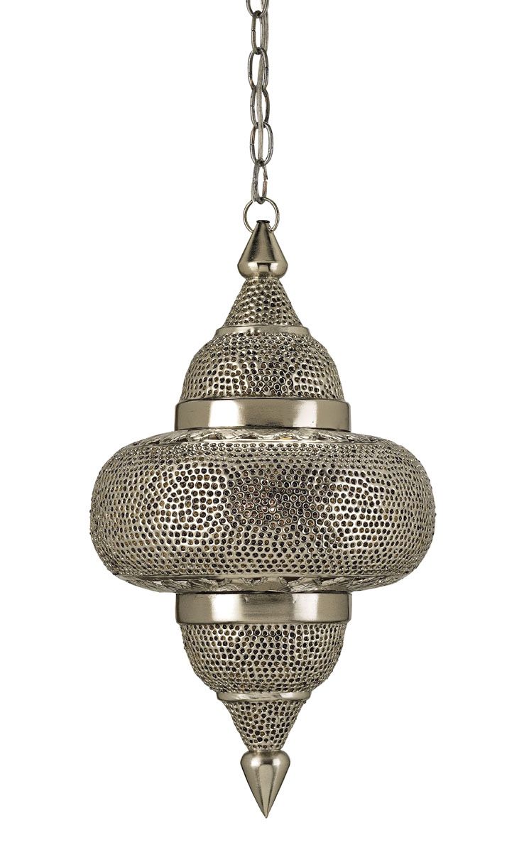 The charming ethnic form of the Tangiers Pendant gives a strong sense of drama to a room. The treated metal is pierced by hand and is plated with Copper and Nickel before a final finish of lacquer is applied. Small Amber beads placed in some of the piercings add a lovely color to its light. Metal Pendant Light, Pendant Chandelier, Hanging Pendants, Modern Pendant, Mini Pendant, Chandelier Lighting, Pendant Lights, House Lighting, Lighting Fixtures