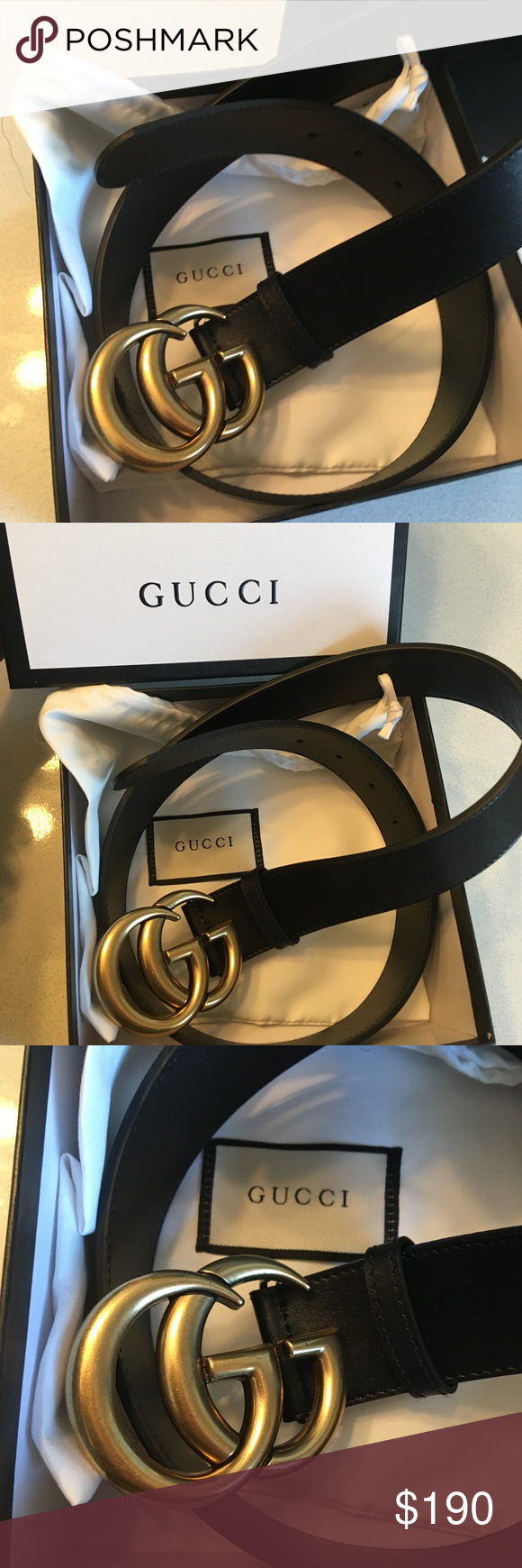 Authentic Gucci belt Brand new GG gold buckle black leather , with box ...