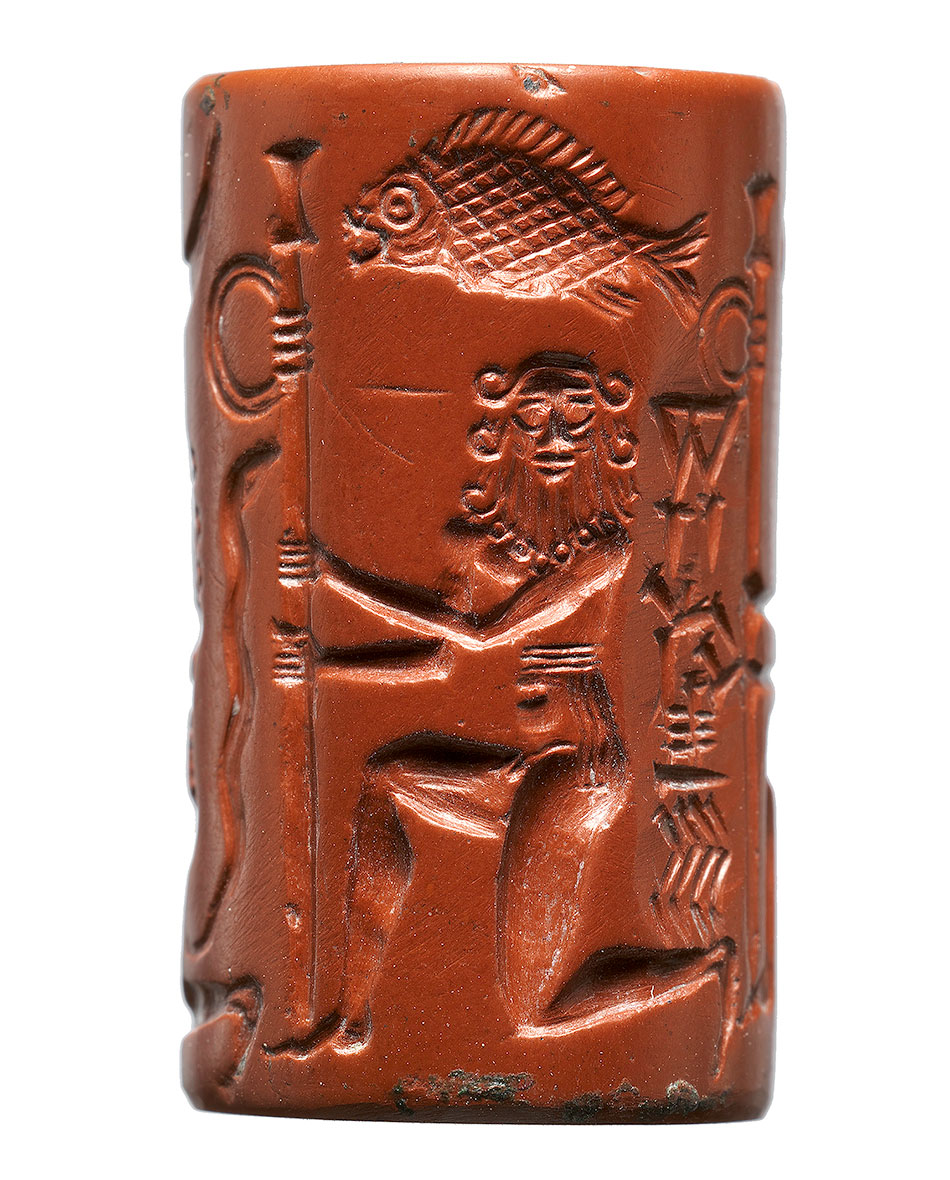Kneeling Nude Heroes Holding Gatepost Standards. Akkadian, ca. 2250–2150 B.C., Inscribed in Sumerian, Shatpum son of Shallum, Cylinder seal, Red jasper. Ancient Mesopotamia, Ancient Civilizations, Ancient Egypt, Ancient History, Art History, Akkadian Empire, Cylinder Seal, Archaeology News, Morgan Library