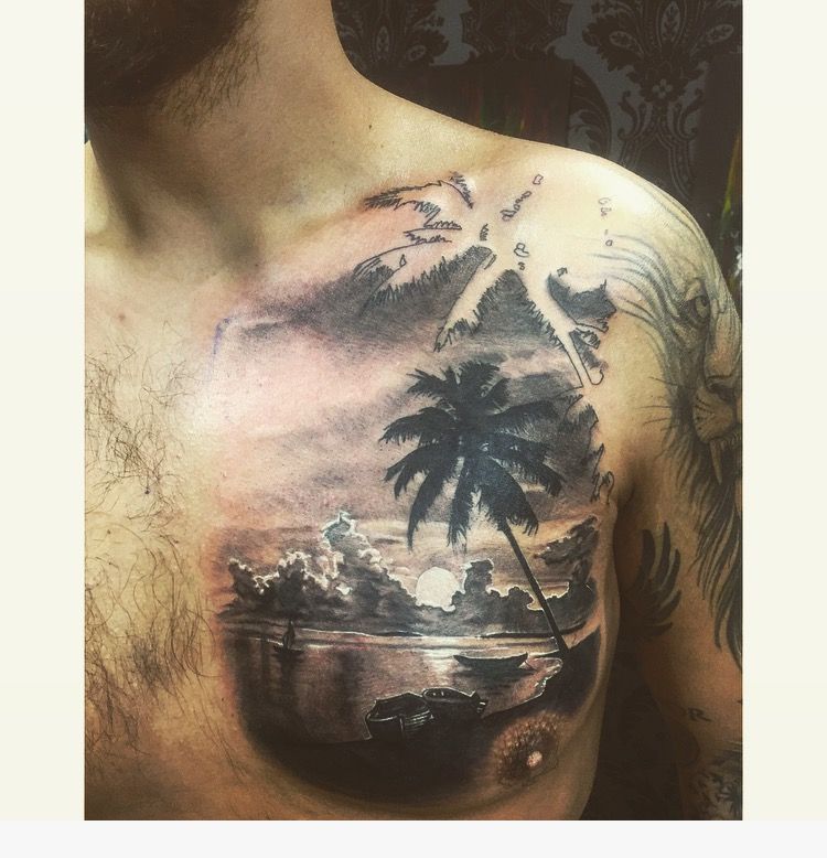 chest blackandgrey tattoo beach men Beach tattoo