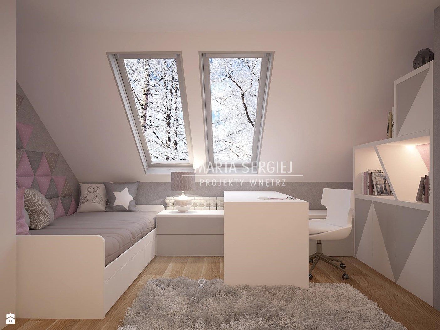 pokój dla dziecka, dla dziewczynki - zdjęcie od dappi panele dekoracyjne - Pokój dziecka - Styl Nowoczesny - dappi panele dekoracyjne Attic Bedroom Designs, Room Design Bedroom, Small Room Bedroom, Bedroom Loft, Kids Room Design, Girl Bedroom Decor, Bedroom Colors, Attic Spaces, Attic Rooms