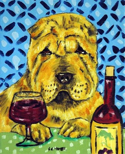 WINE art clumber spaniel dog poster 4x6 gift modern folk art GLOSSY PRINT