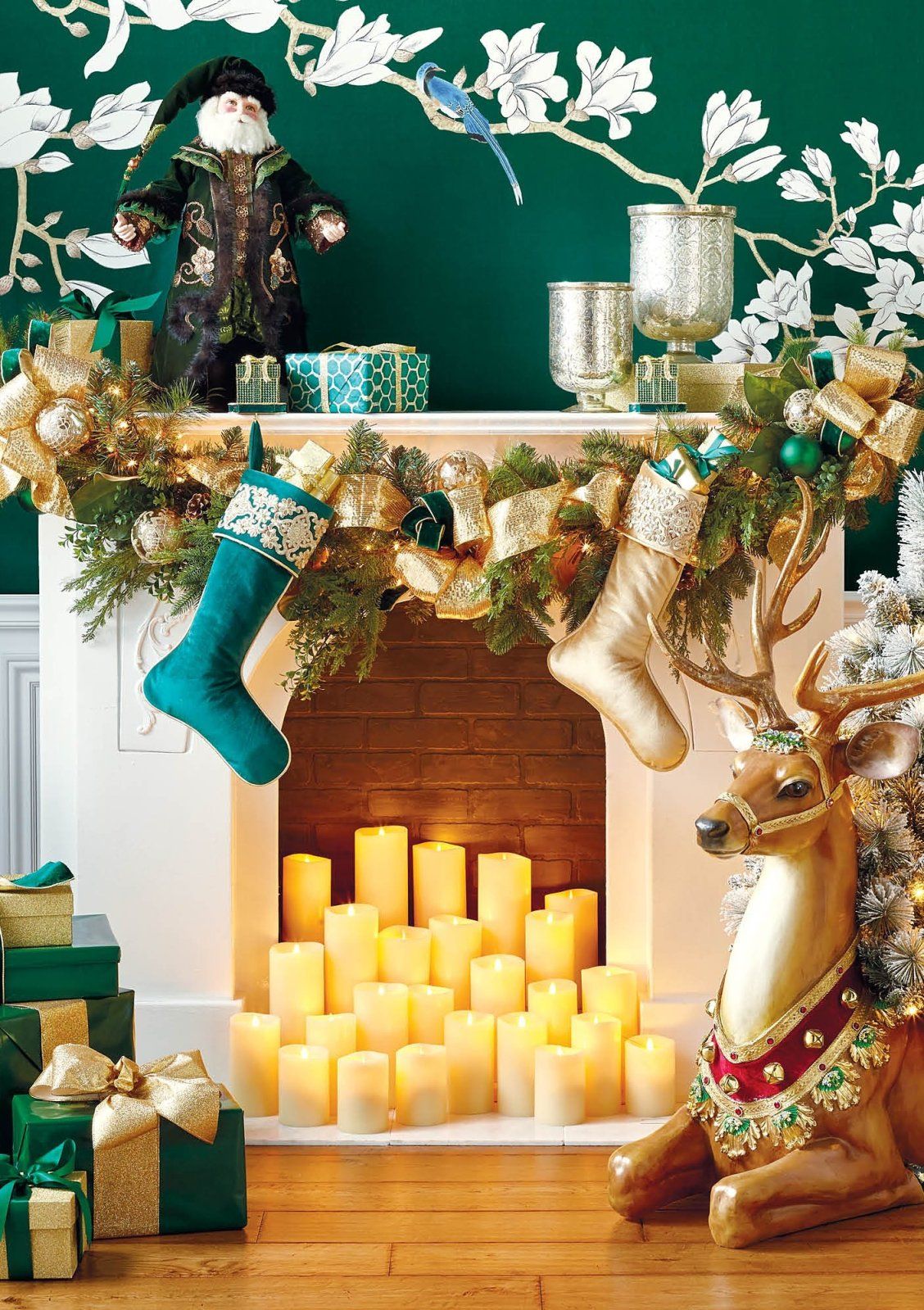 hues of emerald and gold define this opulent collection that includes greenery for every surface and