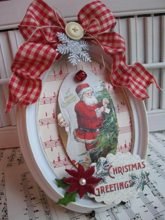 Items similar to Vintage style christmas santa altered plaque frame decoration o...
