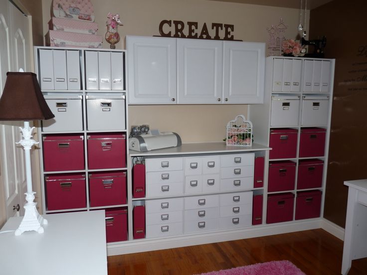 Awesome Craft Room Storage Units Part - 6: Great Wall Of Storage Using Ikea Red Boxes. Storage Units Make By Her Husband.