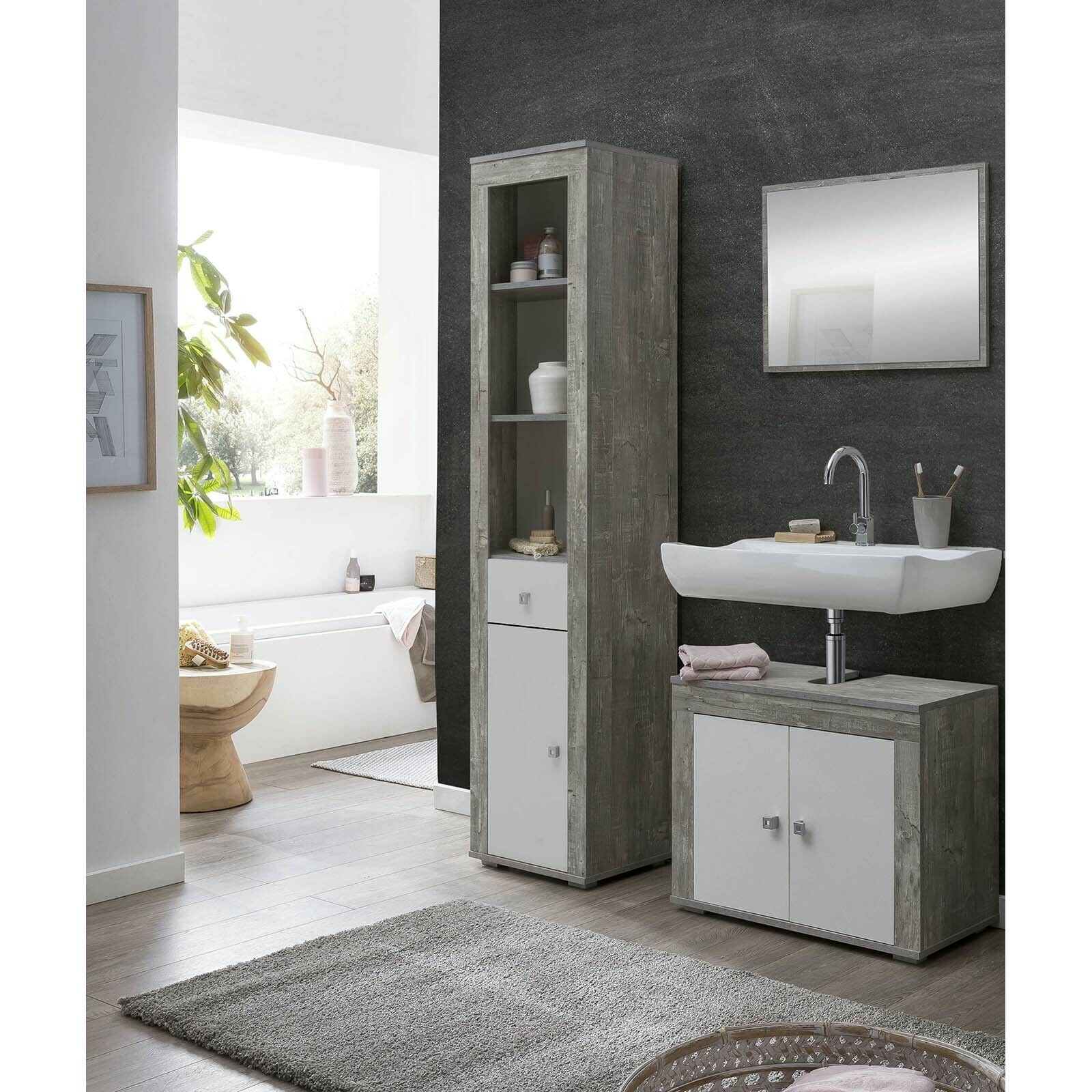 Badezimmer Set Waschbeckenunterschrank Hochschrank Spiegel Bad Möbel Beton Wei...