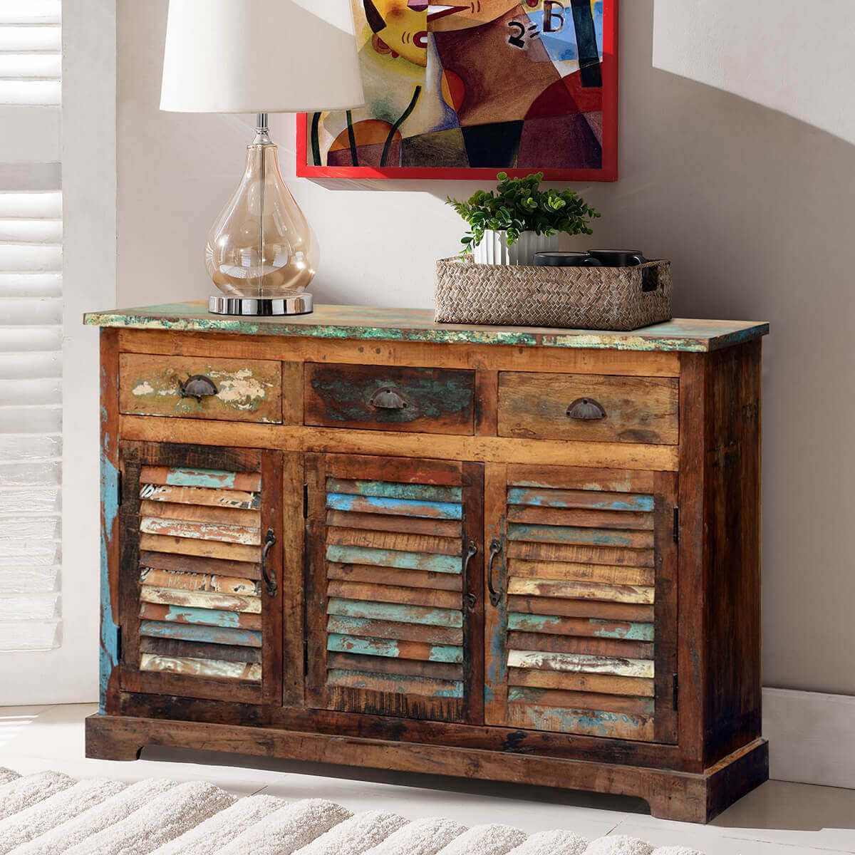 Sideboard Reclaimed Solid Wood Distressed Three Drawer