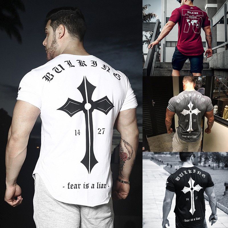 NEW Men/'s Gym Muscle Bodybuilding Cotton Sport Fit Fitness Casual T-shirt Tee