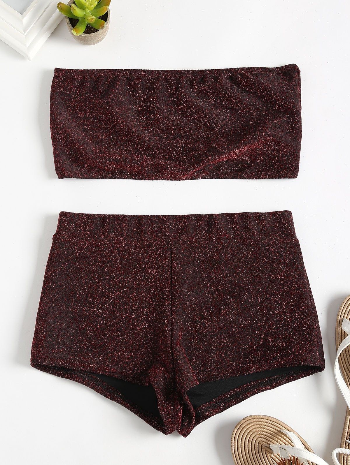 Glittering Bandeau Tube Top and Shorts Set BLANCHED ALMOND CARBON GRAY RED WINE #tubetopoutfits