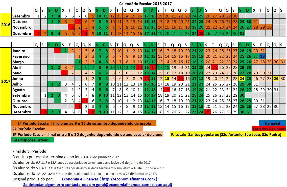Calendário Escolar 2016 2017 em Excel Economia e