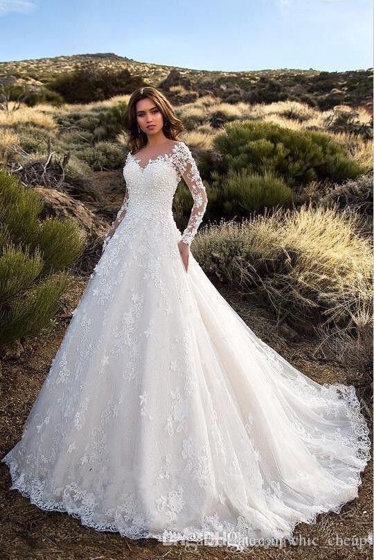 Rabatt Sexy V-Ausschnitt Backless Eine Linie Sheer Lace Applique Langarm Braut ... - Bilder Hochzeit