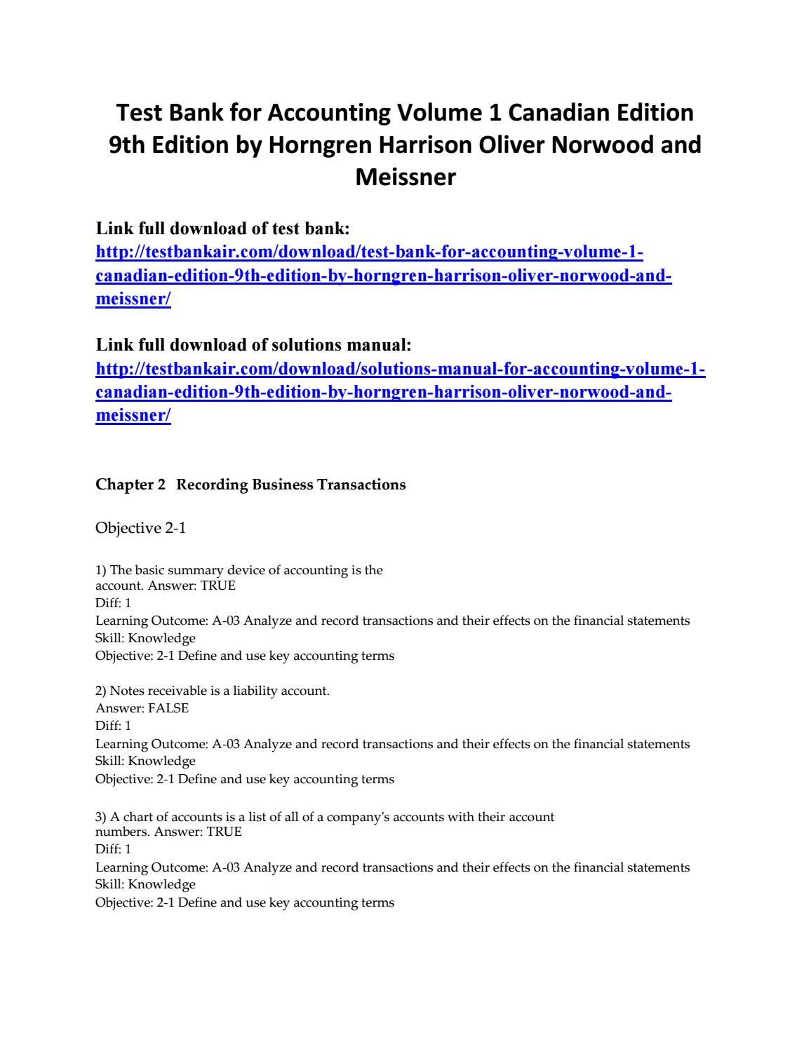 Test bank for accounting volume 1 canadian edition 9th edition by horngren harrison oliver norwood a