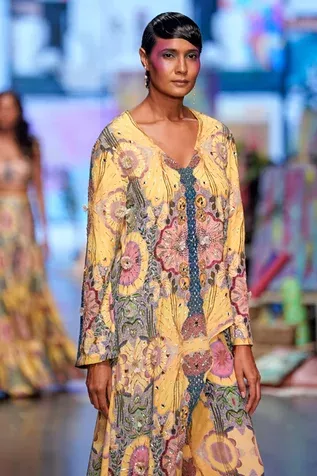 Shop for Payal Singhal Yellow Crepe Helen Enchanted Print Kurta And Palazzo Set for Women Online at Aza Fashions Payal Singhal, Kurta Palazzo, Luxury Sale, Festival Wear, Asymmetric Hem, Helen, Women Online, Enchanted, Crepe