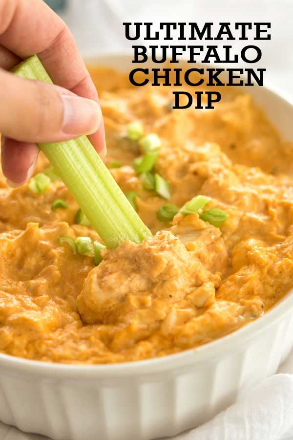 Easy recipe on how to make buffalo chicken dip - the best party appetizer EVER!!! Made in crock pot or baked in oven. #appetizer #superbowl #buffalochickendip