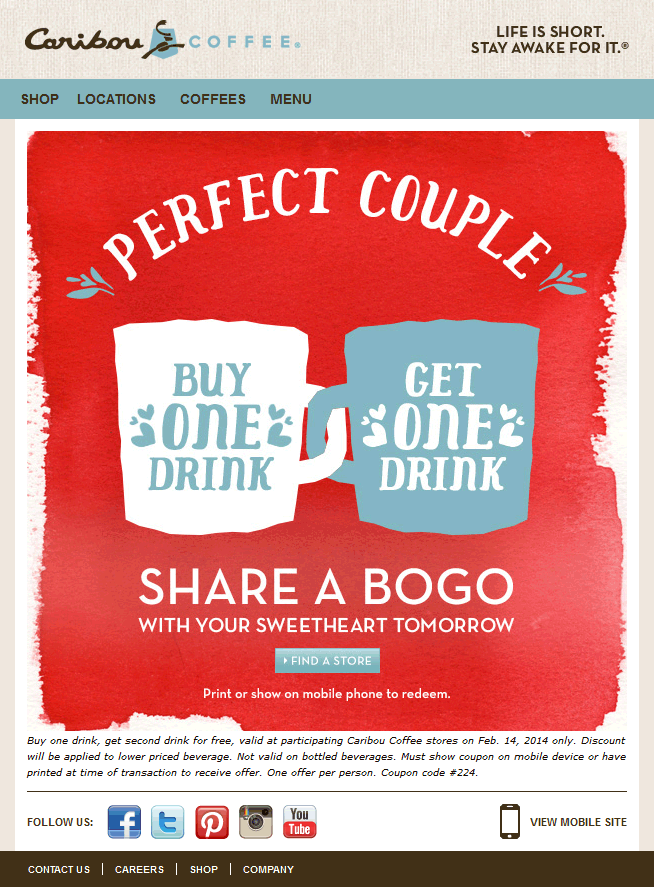 Pinned February 14th Second drink free today at Caribou Coffee via Pinned February 14th Second drink free today at Caribou Coffee via