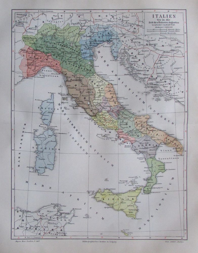 Italien bis in die Zeit des Kaisers Augustus Karte Lithographie 1895 historisch