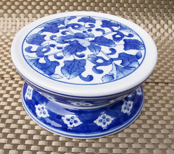blue and white plant stand
