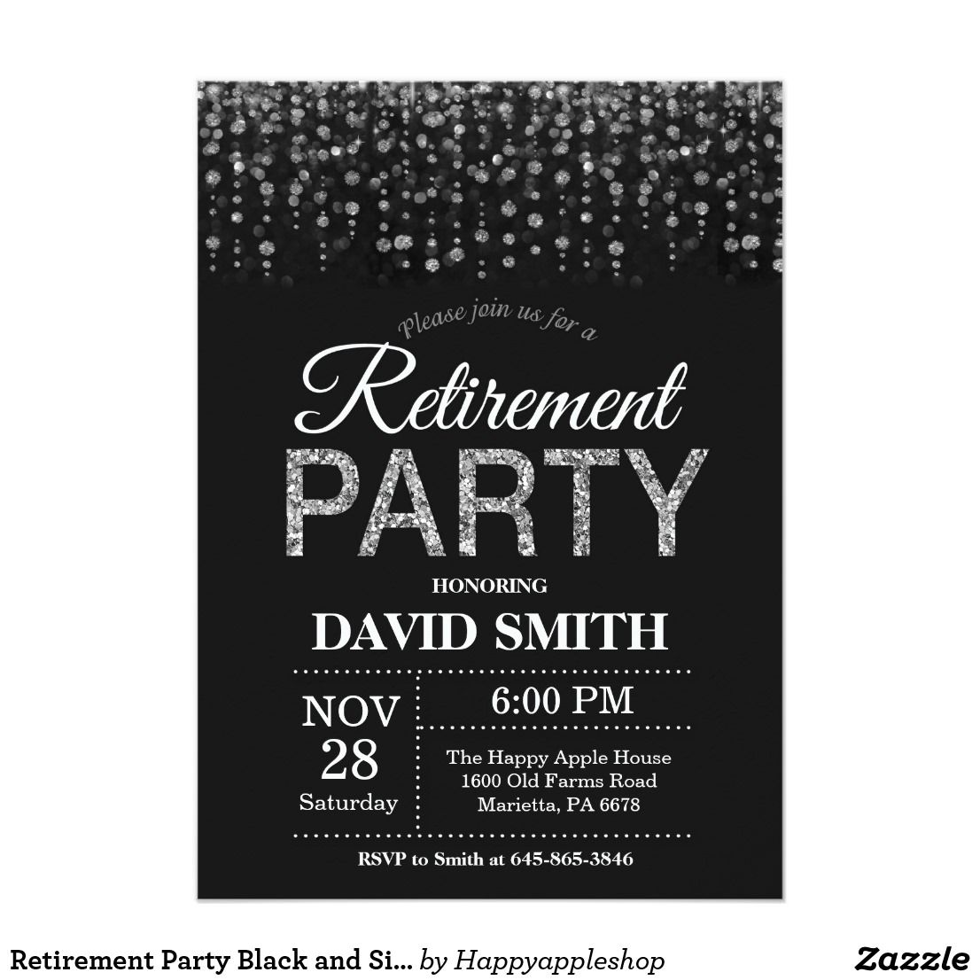 Retirement Party Black and Silver Glitter Invitation