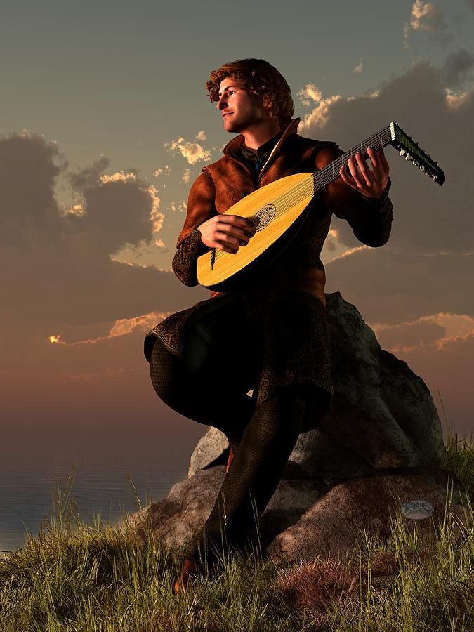 A bard of the early Medieval period looks on as he plays his lute. The ...