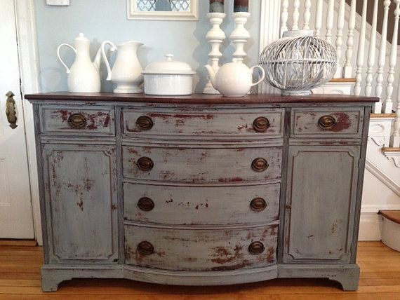 Antique Sideboard Buffet Console Refinished In Blue Milk Paint Hand Antique Sideboard Buffet Console Refinished in Blue Milk Paint Hand Distressed With Chippy Finish Nautical Coastal - Antique Sideboard Buffet Console Refinished In Blue Milk Paint Hand