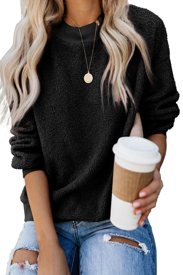 Kyerivs Womens Fuzzy Crewneck Pullover Long Sleeve Cozy Fluffy Warm Tops